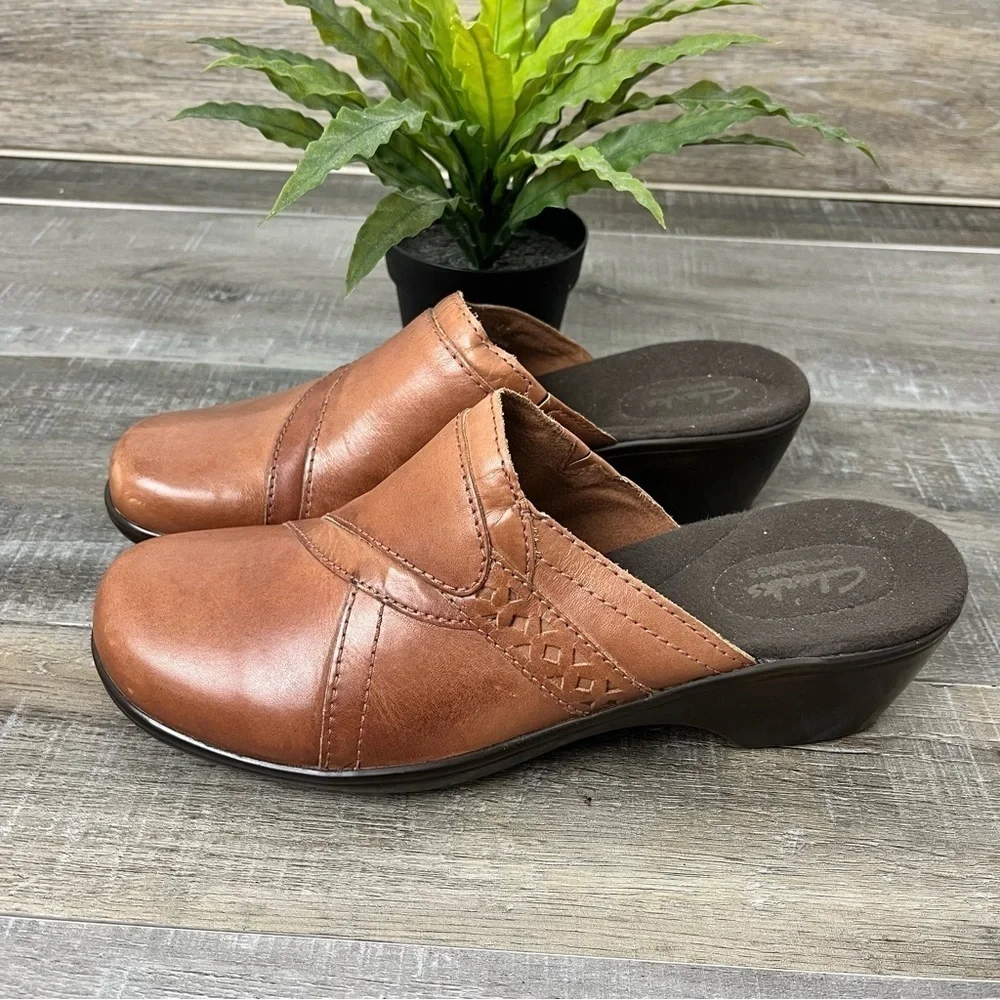 Clarks Bendables Brown Leather Slide Mules Size 8.5 Women’s - Picture 4 of 10